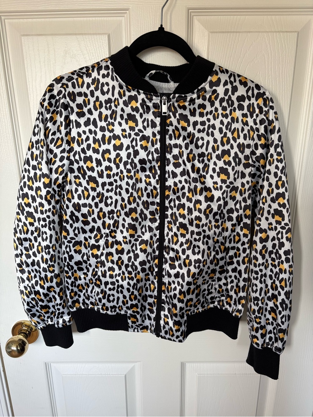 Leopard Print Retro Zip-Up Bomber Jacket Animal Print Coat Extra Small XS